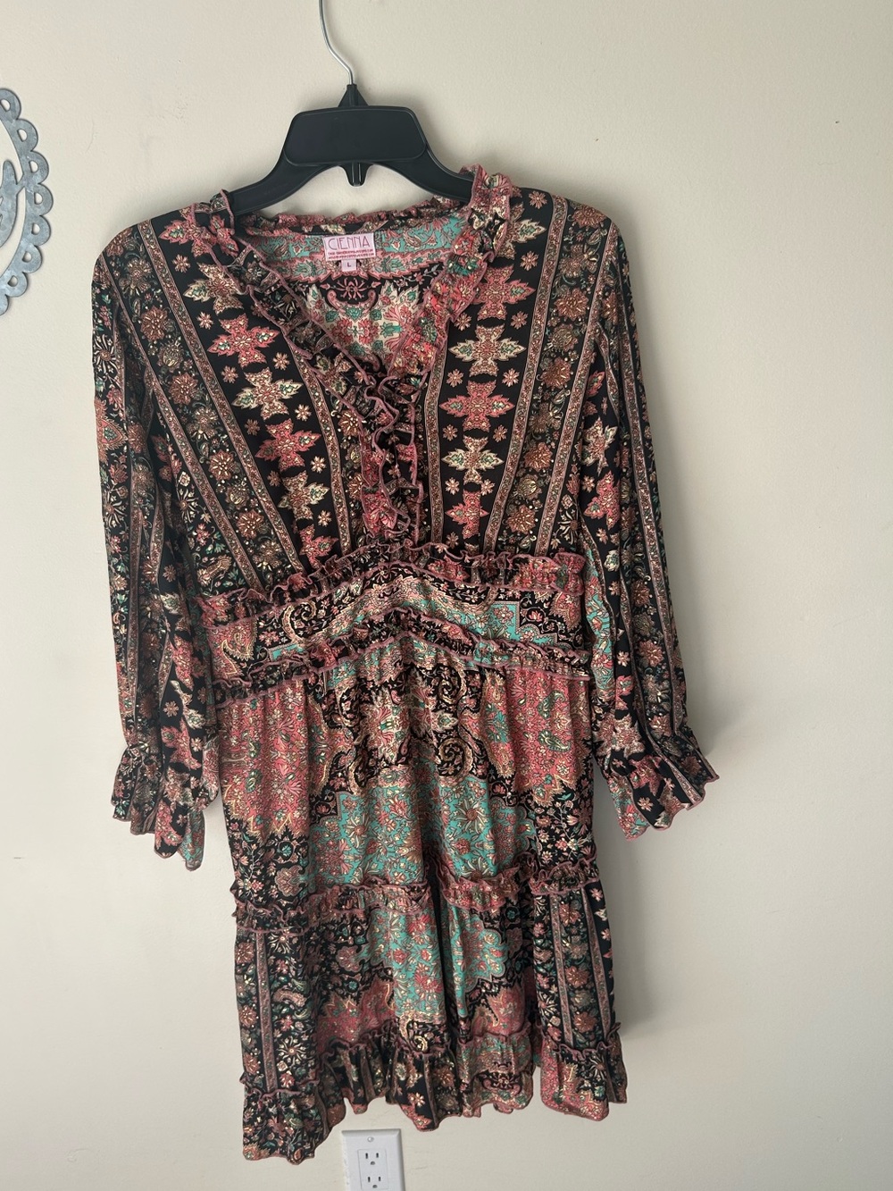Mixed Floral Tiered Dress in Black, gold, pink and teal